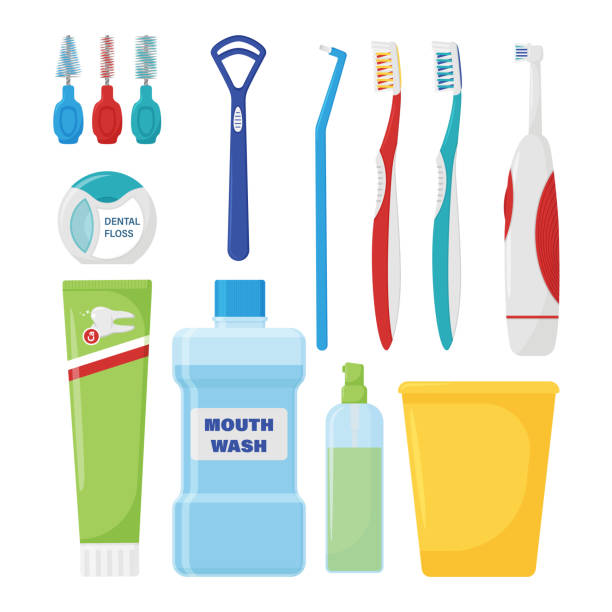 ilustrações de stock, clip art, desenhos animados e ícones de the set of items for daily hygiene of the oral cavity. dental care supplies. healthy lifestyle. morning routine.a collection of flat-style elements isolated on a white background. vector illustration - dental hygiene dental equipment brushing teeth dental floss