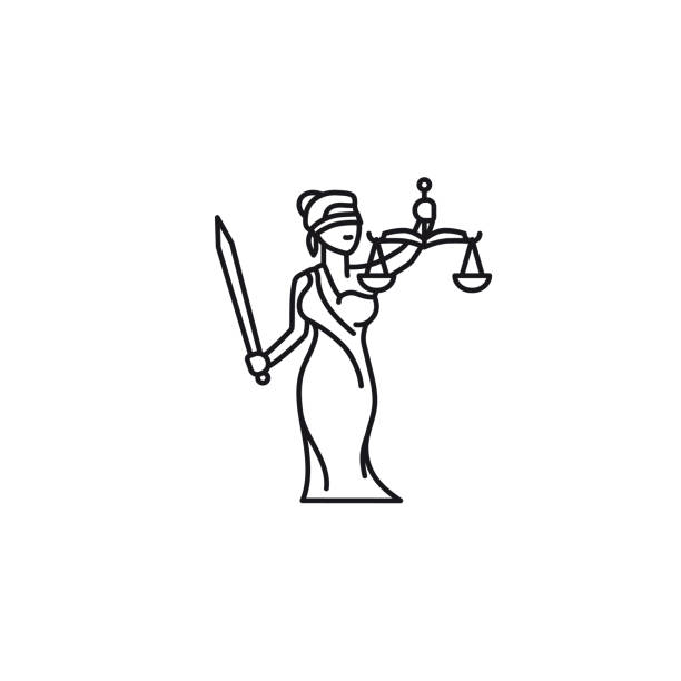 lady justice oder themis femida cartoon vektor linie symbol - justitia stock-grafiken, -clipart, -cartoons und -symbole