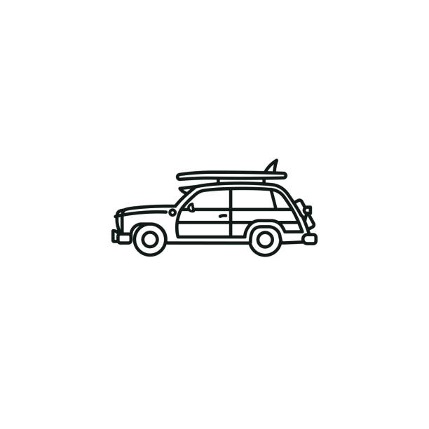 illustrazioni stock, clip art, cartoni animati e icone di tendenza di icona della linea vettoriale dell'auto surfista woody wagon - station wagon