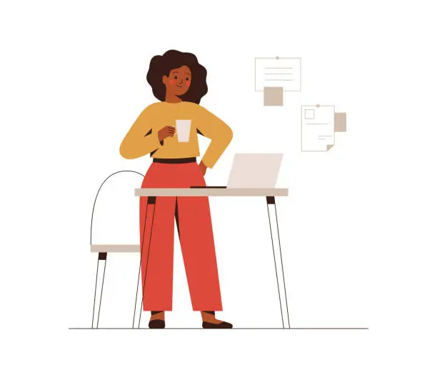 Vector illustration of African American businesswoman works from office or home. A confident black female entrepreneur holds coffee and uses a laptop for planning or online meeting.