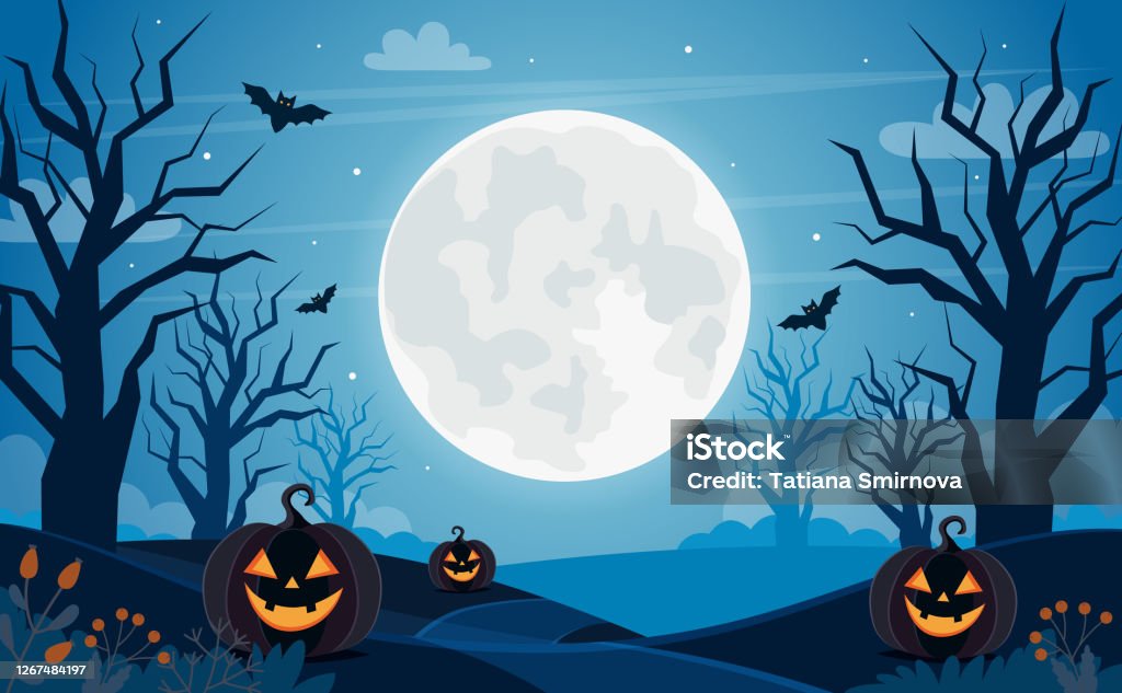 Fondo de Halloween con luna llena, calabazas y árboles - arte vectorial de Halloween libre de derechos