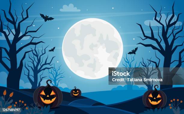 Ilustración de Fondo De Halloween Con Luna Llena Calabazas Y Árboles y más Vectores Libres de Derechos de Halloween