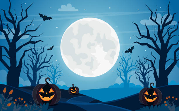 latar belakang halloween dengan bulan purnama, labu dan pohon - halloween ilustrasi stok