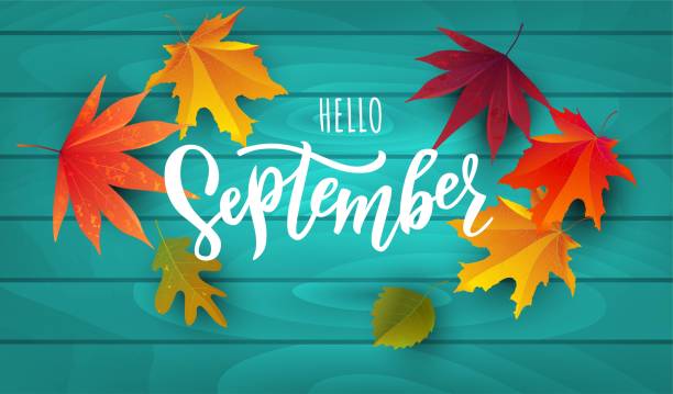 september-text. schrifttypografie. vektor-illustration als poster, postkarte, grußkarte, einladungsvorlage. konzept september-werbung - september stock-grafiken, -clipart, -cartoons und -symbole