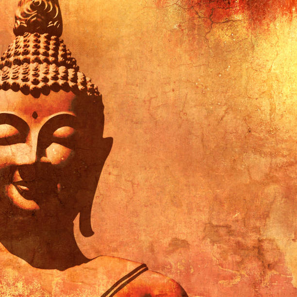 istock Buddha face silhouette in vintage painting style 1267485196