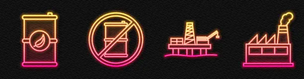 Vector illustration of Set line Oil platform in the sea, Bio fuel barrel, No barrel for gasoline and Oil industrial factory building. Glowing neon icon. Vector