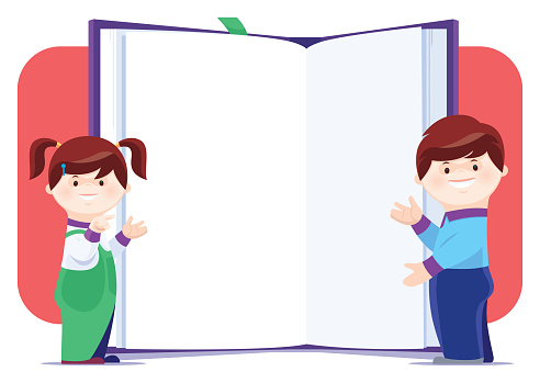 vector illustration of little boy and girl presenting with book