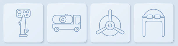 Set line Aircraft steering helm, Plane propeller, Fuel tanker truck and Aviator hat with goggles. White square button. Vector