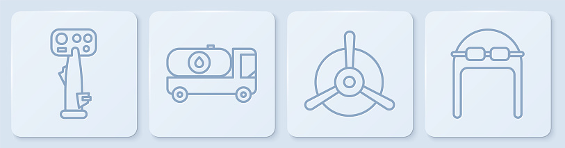 Set line Aircraft steering helm, Plane propeller, Fuel tanker truck and Aviator hat with goggles. White square button. Vector