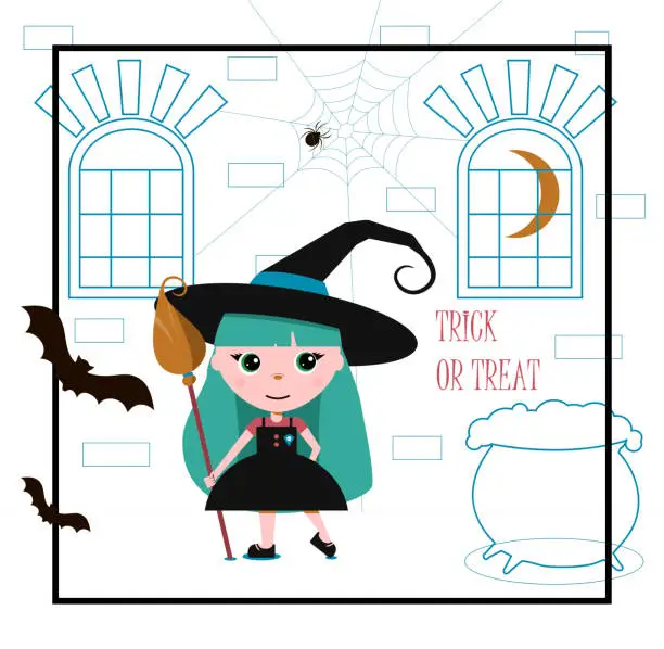 Vector illustration of A little witch in a big black hat with a broom and a potion pot. Flat vector postcard for Halloween. An illustration with a greeting inscription, spiders, garlands and a funny girl in a cute dress.