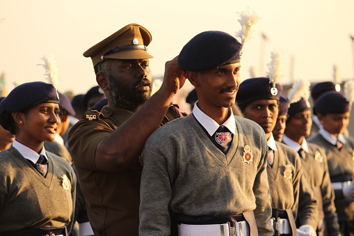 Chennai, Tamilnadu / India - January 01 2020 : indian scouts or school students ready for parading at chennai marina beach on occasion of India Republic Day