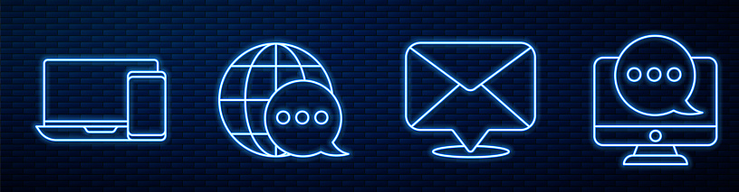 Set line Envelope, Monitor and phone, World map made from speech bubble and Chat messages notification on monitor. Glowing neon icon on brick wall. Vector