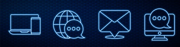 Set line Envelope, Monitor and phone, World map made from speech bubble and Chat messages notification on monitor. Glowing neon icon on brick wall. Vector Set line Envelope, Monitor and phone, World map made from speech bubble and Chat messages notification on monitor. Glowing neon icon on brick wall. Vector communication communication technology stock illustrations