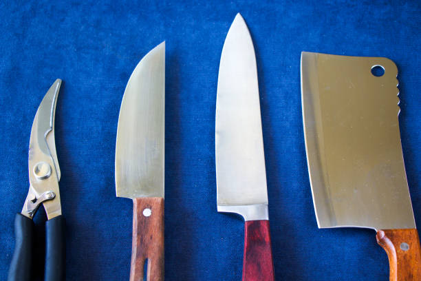 istock Kitchen knives collections on the blue background, tools and instruments for cooking. 1267490017