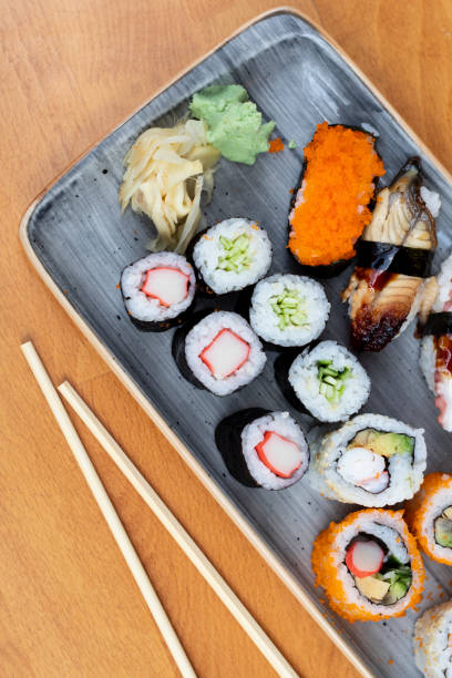 Hawaii Japanese sushi dishes. Roll with maki and tuna, salmon, shrimp, crab and avocado. Various sushi Top view all you can eat menu. Rainbow sushi, uramaki, hosomaki and nigiri.