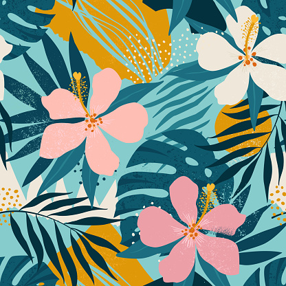 Tropical flowers and artistic palm leaves on background. Seamless vector pattern