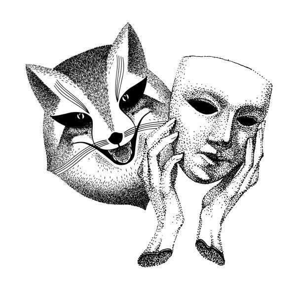 Trickster vector illustration. Fox with mask in his hands. black and white tattoo. Liar, dodger, mischievous, hoaxer. archetype in mythology, folklore Trickster vector illustration. Fox with mask in his hands. Fashionable black and white tattoo. Liar, dodger, mischievous, hoaxer. archetype in mythology, folklore and religion. pics of a dodgers stock illustrations