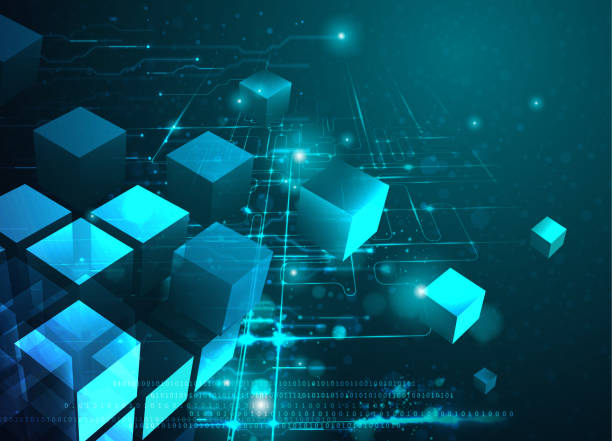Blockchain Technology Abstract Background The small blue cubes come together to form the big cubic data block. (Used clipping mask) blockchain technology stock illustrations