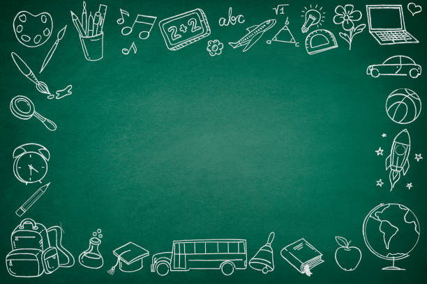 Chalkboard with school symbols with writing slate on green chalkboard