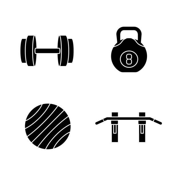 вес подготовки черный глиф значки, установленные на белом пространстве - sport exercising silhouette chin ups stock illustrations
