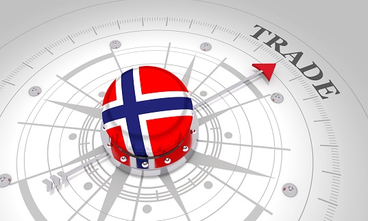 Business concept. Abstract compass points to the trade word. Flag of the Norway. 3D rendering