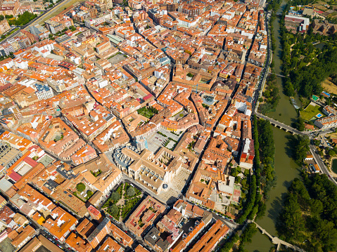 Aerial view of Frigiliana Costa del Sol Andalusian Spain Village , Typically Andalusian village in top of hills, Roof view, Drone point of view. Roads , agriculture, houses. Spanish culture.