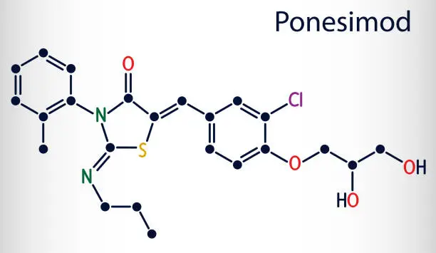 Vector illustration of Ponesimod, experimental anti-inflammatory drug molecule. Treatment of multiple sclerosis MS and psoriasis. Skeletal chemical formula