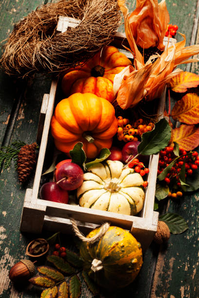 istock Autumn still life with pumpkins, apples and leaves 1267501262