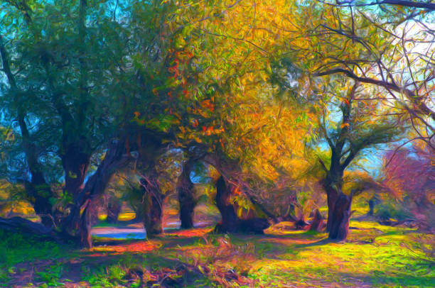 Oil landscape painting showing forest on a sunny day.