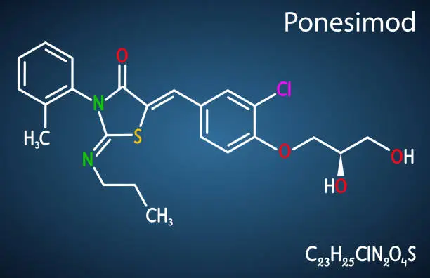 Vector illustration of Ponesimod, experimental anti-inflammatory drug molecule. Treatment of multiple sclerosis MS and psoriasis. Structural chemical formula on the dark blue background