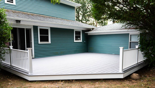 New composite deck in residential backyard stock photo