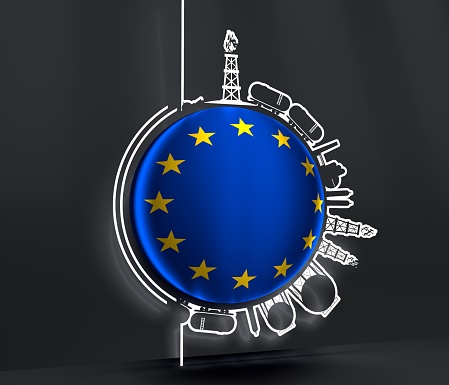 Design set of natural gas logistic. Objects located around circle. Industry concept. Flag of European Union. 3D rendering