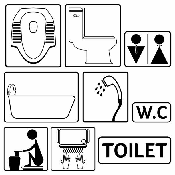 Toilet WC Bathroom Icon Set in Vector Illustration isolated on black border and white background Toilet WC Bathroom Icon Set in Vector Illustration isolated on black border and white background in EPS File squat toilet stock illustrations