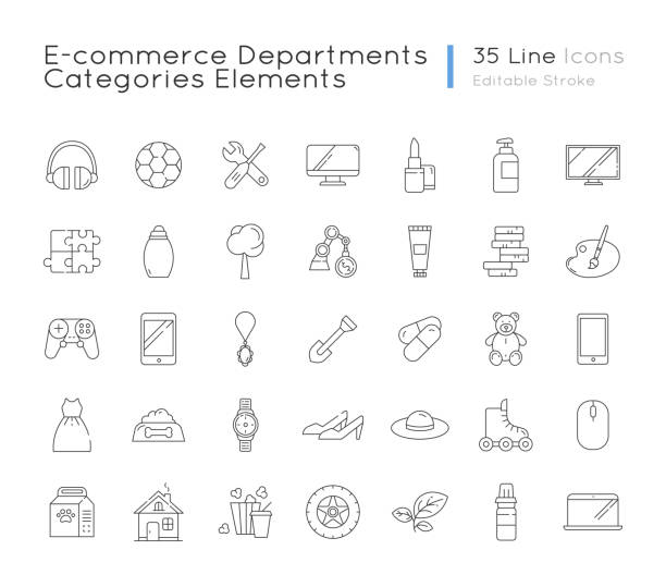 ÐÑновной ÑеÑ-ES E commerce departments linear icons set. Electronic devices. Personal beauty and health care products. Customizable thin line contour symbols. Isolated vector outline illustrations. Editable stroke categories vector stock illustrations