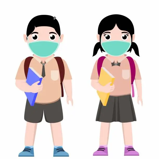 Vector illustration of Kids Boy and Girl go to School and wear Face Mask and hold a book and school bag in New Normal Activities.  Cartoon Character Vector Concept Illustration on white background