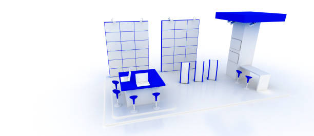 istock Corporate blue booth, isolated on white, with copy space. Original 3d rendering 1267512593
