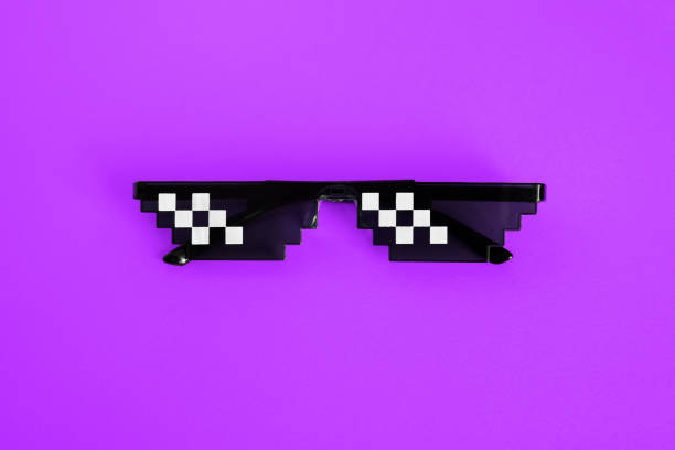 Funny pixelated boss sunglasses on purple background. Gangster, Black thug life meme glasses . Pixel 8bit style stock photo
