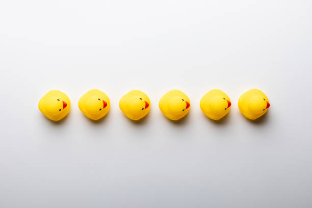 Descending rubber ducks Descending rubber ducks ducks in a row concept stock pictures, royalty-free photos & images