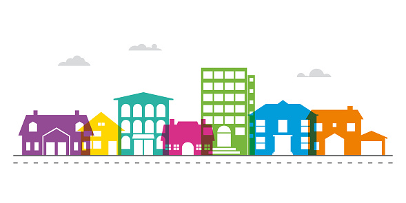 Colorful small town main street neighbourhood vector illustration