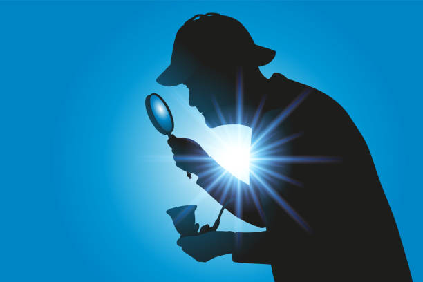 Silhouette of the famous private detective Sherlock Holmes, symbol of the police investigation. Silhouette of the character of Sherlock Holmes, the detective looking for clues with his famous magnifying glass and pipe. puzzle silhouettes stock illustrations