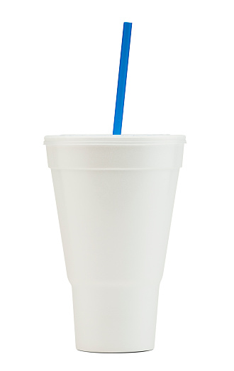 vertical photograph of a White Styrofoam Soda Fountain Drink Cup with a Blue Straw