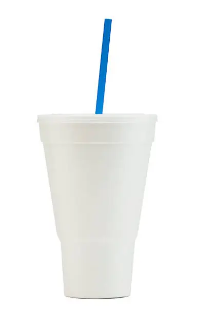 Photo of White Styrofoam Soda Fountain Drink Cup with a Blue Straw