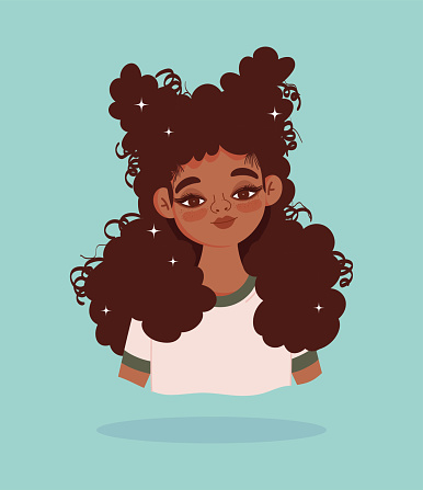 African American Girl Long Hair Curly Portrait Cartoon Character Stock  Illustration - Download Image Now - iStock