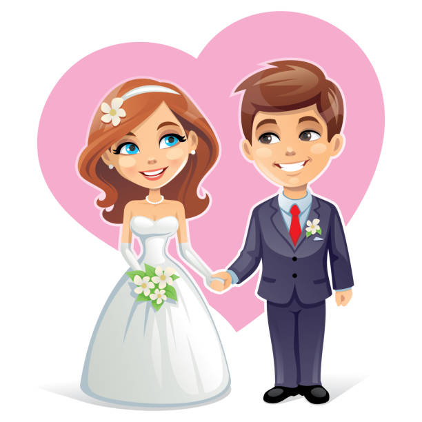 Bride and groom Illustration of a Bride and groom on the background of the heart symbol. wedding cartoon stock illustrations
