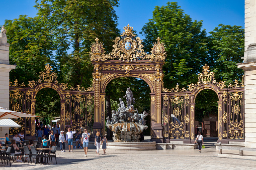 Nancy, France - June 24 2020: The Amphitrite fountain at Place Stanislas. Fountain of Amphitrite