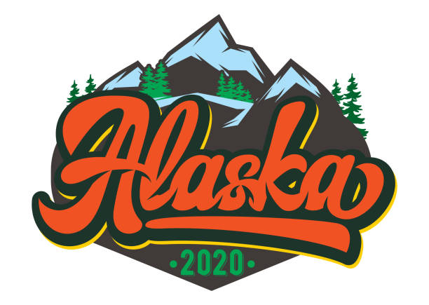 vektor-vorlage für abzeichen mit bergen und inschrift - alaska. farbabbildung - alaska stock-grafiken, -clipart, -cartoons und -symbole