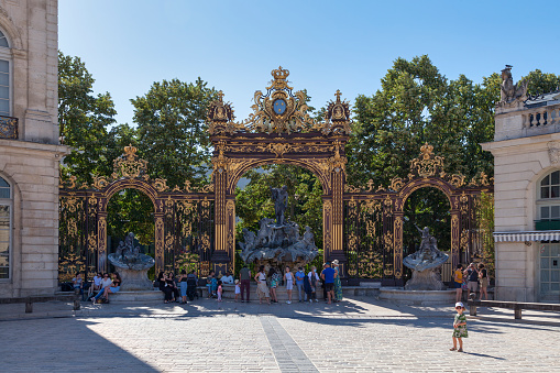 Nancy, France - June 24 2020: The Neptune fountain at Place Stanislas.