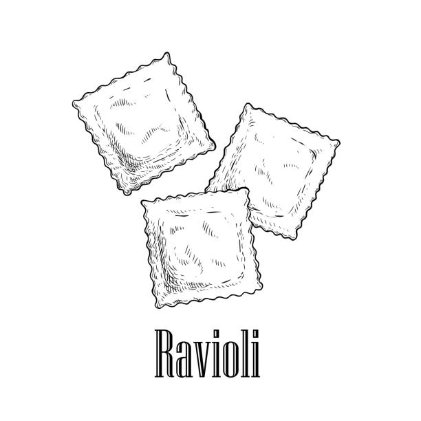 illustrazioni stock, clip art, cartoni animati e icone di tendenza di ravioli di pasta italiana con carne o formaggio all'interno. illustrazione in stile schizzo disegnato a mano del cibo tradizionale italiano. ideale per design di menu e packaging. disegno vettoriale isolato su sfondo bianco. - ravioli