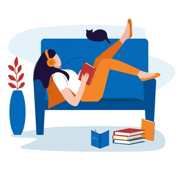 Vector illustration of Audiobook, education and knowledge. Girl chilling on the sofa, holding a book and listening to a lecture or podcast through headphones