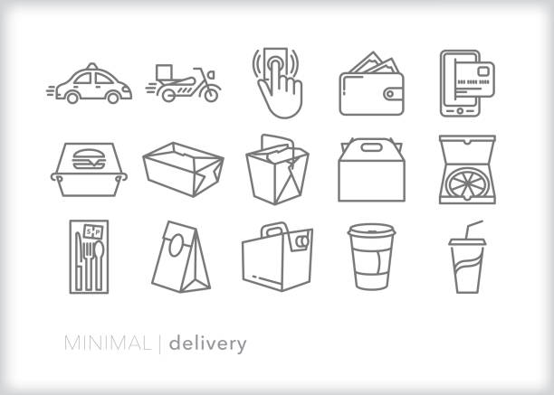 Food delivery and takout icons Set of 15 line icons of food and drink delivery, takeout and to go chinese takeout stock illustrations